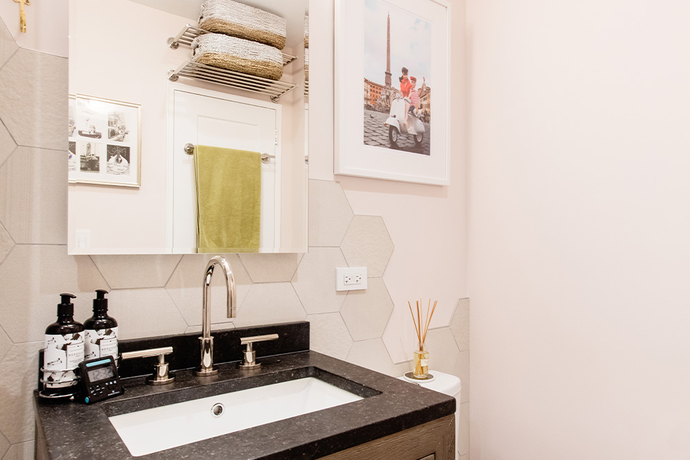 hexagon tiles in bathroom as backsplash renovation