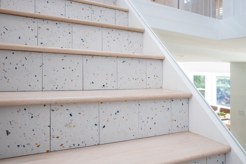 Speckled drop tiles on risers